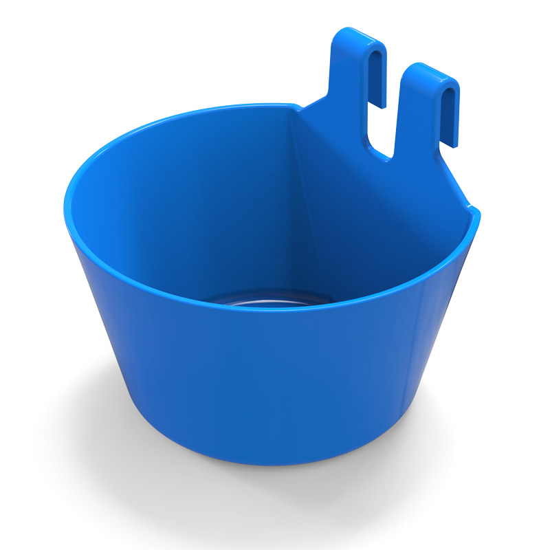 Comedero de plástico azul para aves de corral con ganchos